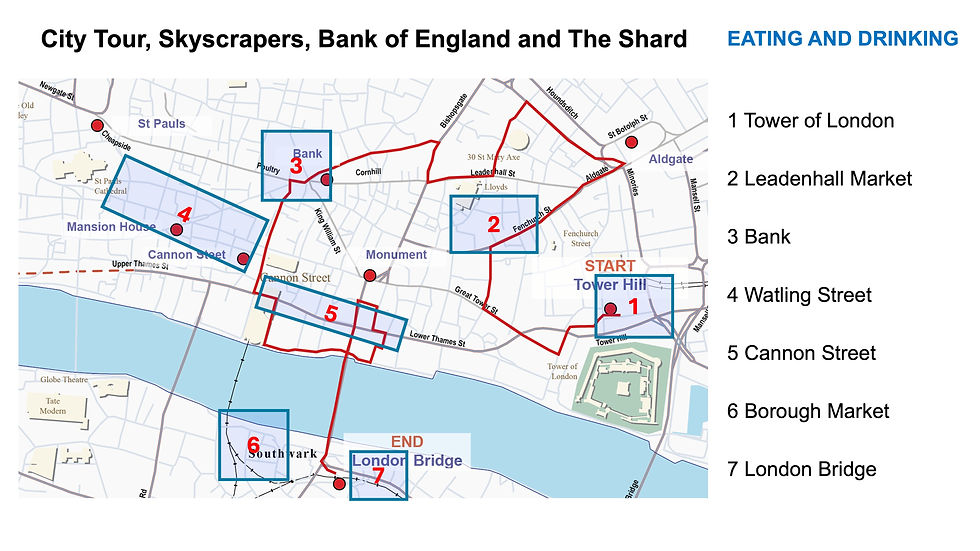 Map showing places to eat along the route