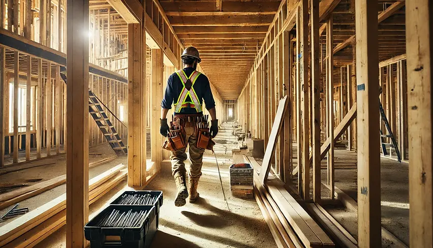 DALL·E 2025-01-11 11.18.48 - A construction worker walking through a corridor of wood stud