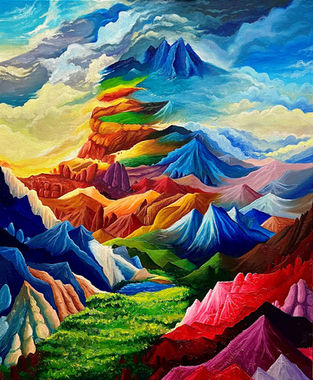 Painting of a dream world with gorgeous rainbow mountains