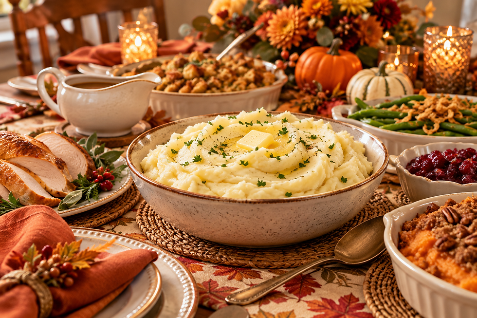 Creamy mashed potatoes topped with butter & herbs on a warm Thanksgiving table with sliced turkey, stuffing, green beans, cranberry sauce, sweet potato casserole, gravy, pumpkins, candles, & seasonal décor.