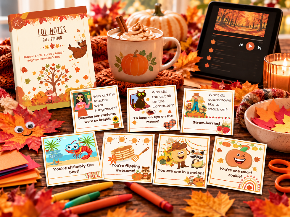 LOL Notes™ Fall Edition cover & seven printable joke cards displayed with a warm fall drink, tablet playing autumn music, pumpkin, candle, craft paper, crayons, scissors, fall leaves, & seasonal décor.