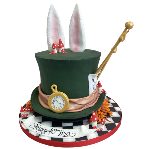 A whimsical and vibrant Mad Hatter hat inspired cake that embodies the spirit of Alice in Wonderland theme, perfect for themed parties and celebrations.