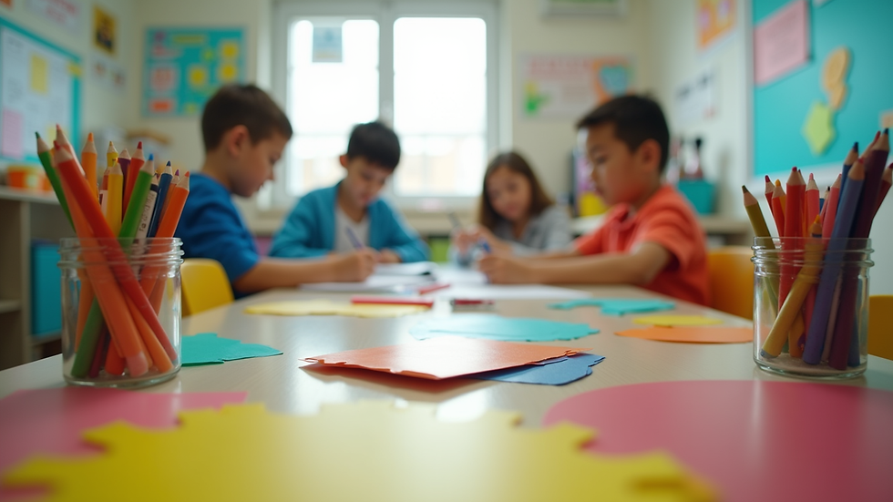 Eye-level view of a colorful classroom filled with creative learning materials