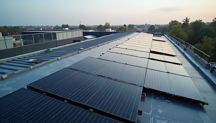 High angle view of a rooftop installation featuring multiple full black solar panels aligned neatly