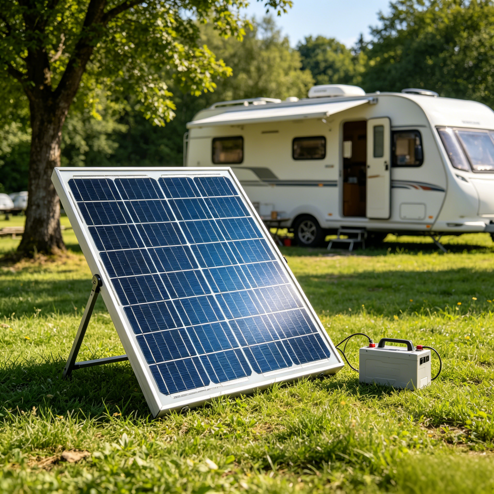 Portable 100W Monocrystalline Solar Panel Kit for RV Camping on Grass Lawn