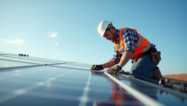 Eye-level view of solar installer securing aluminum solar mounting bracket on rooftop