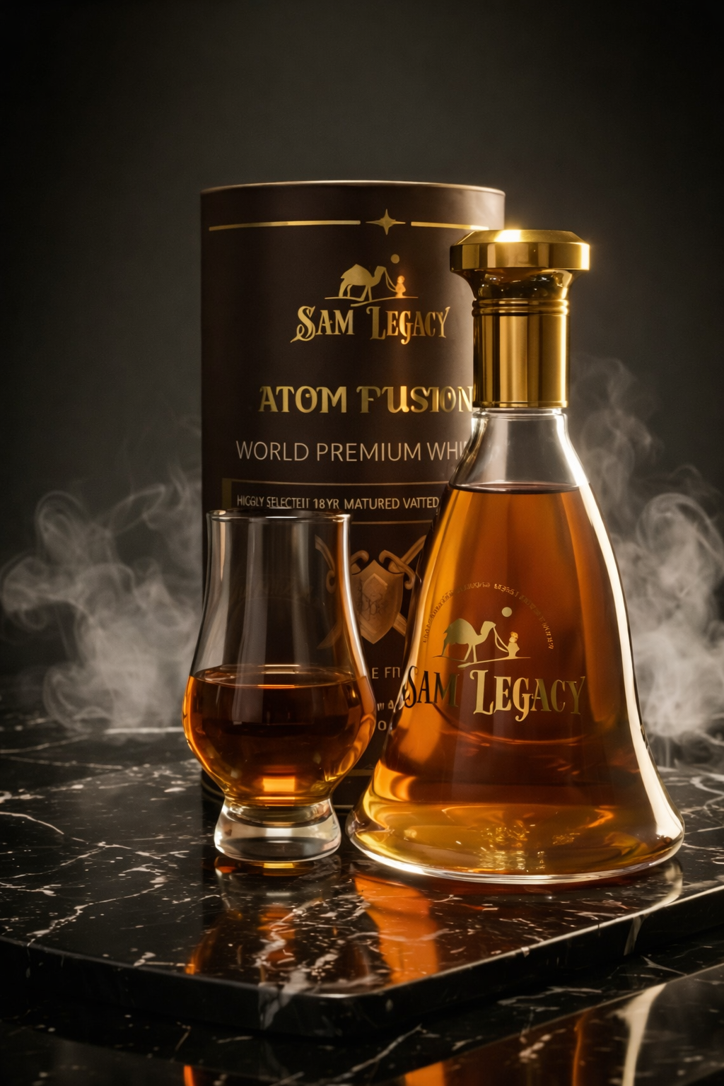 Luxury Sam Legacy Atom Fusion world premium whisky bottle with golden cap, crystal whisky glass filled with amber whisky, and
