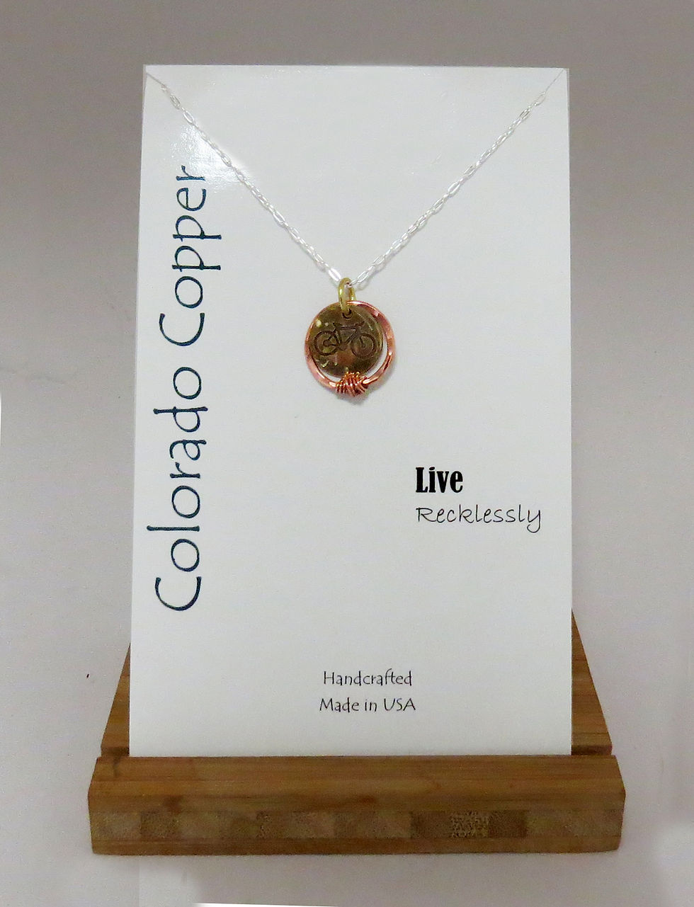 Thumbnail: "Live Recklessly" Bicycle Copper Cutout Necklace