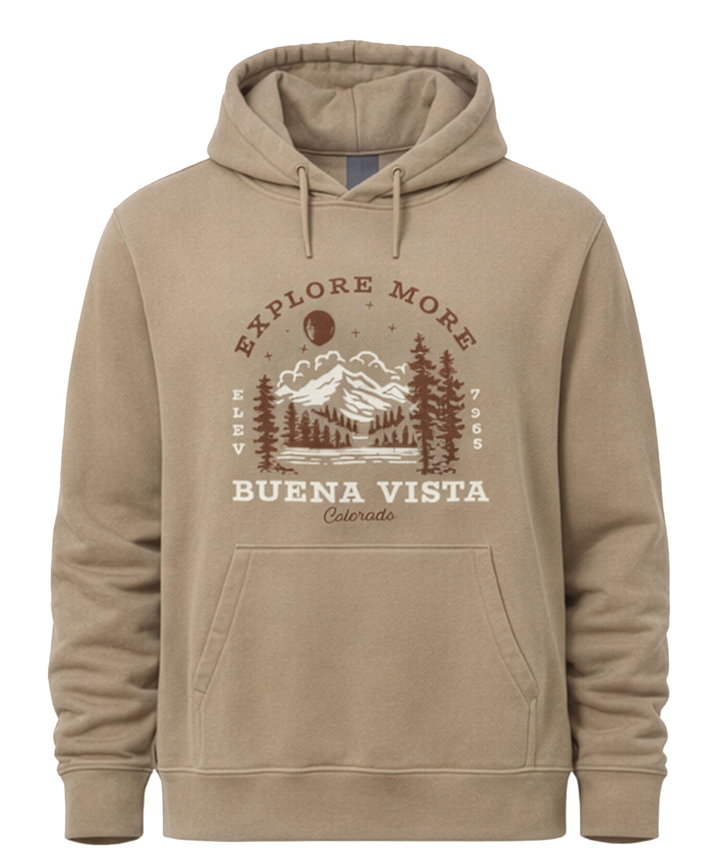 Buena Vista CO Explore More Tan Hooded Sweatshirt front