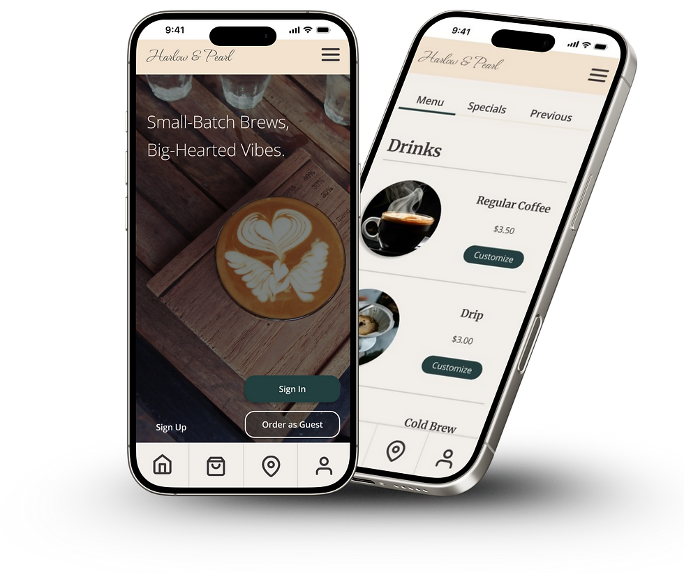 2 Phone screens, one with home page of the app and the other with the Drinks Menu screen on them.