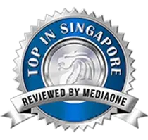 Silver and blue badge featuring a lion emblem. Text reads "Top in Singapore, Reviewed by MediaOne."