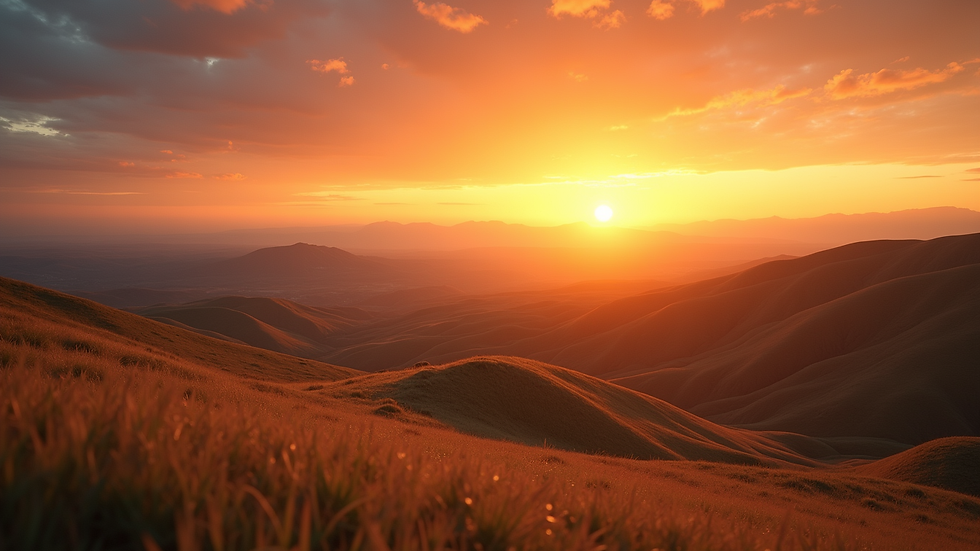 Eye-level view of a serene landscape with rolling hills and a vibrant sunset