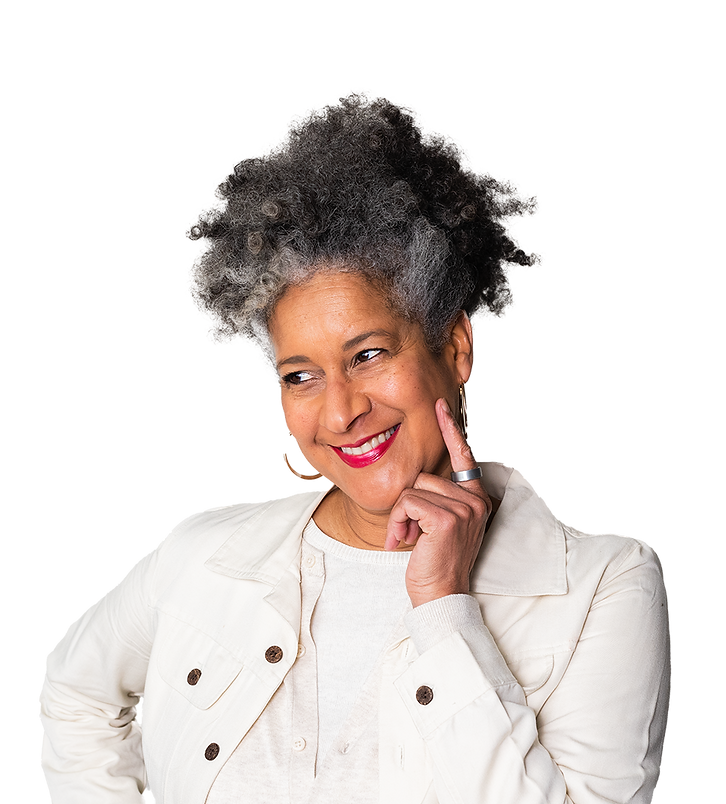 Woman smiling with finger placed on cheek, showing Lotus Ring on her index finger.