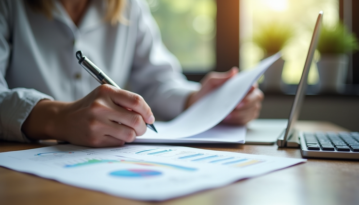 Eye-level view of a counselor’s desk with disability planning documents and a laptop