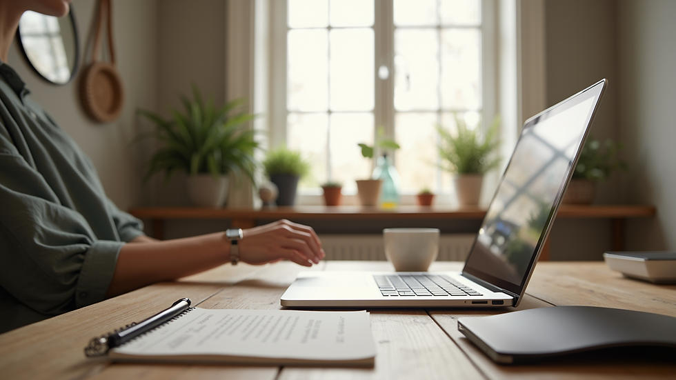 Eye-level view of a cozy home office setup for virtual therapy