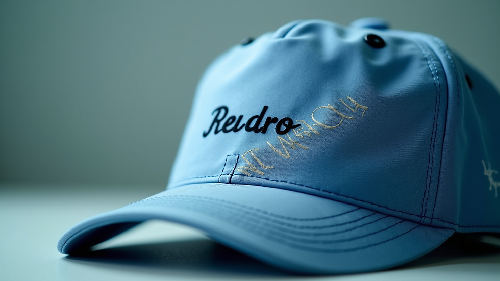 Eye-level view of a personalized embroidered medical scrub cap with a name and small design