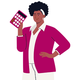 Cartoon woman in pink with hand on hip and calculator - Symbolizing our empowered approach to financial management.