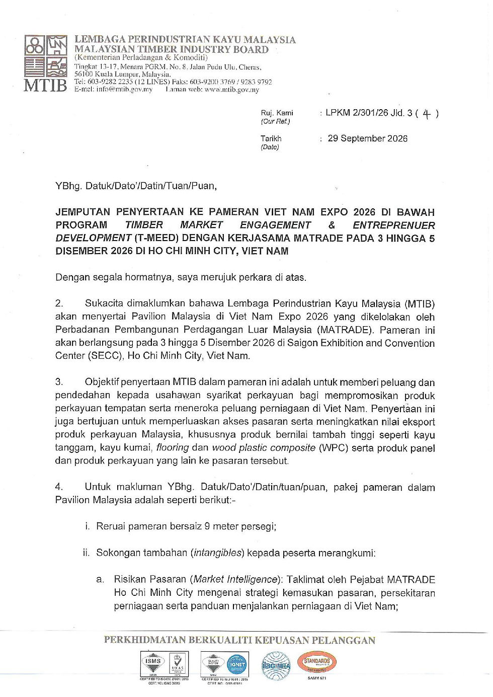 MTIB invitation to Pavilion Malaysia at Vietnam Expo 2026