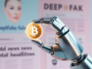 Deepfake arnaque crypto, visage de célébrité généré par IA dans une fausse vidéo de promotion d'investissement en cryptomonnaies