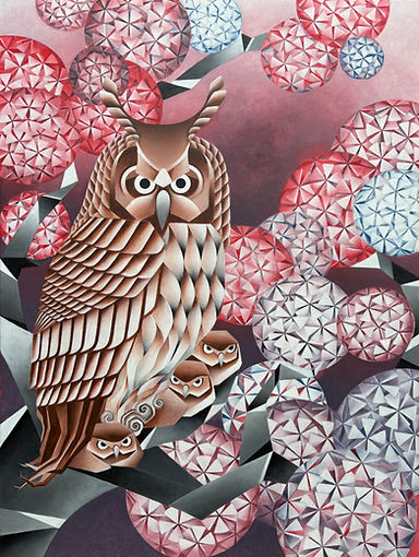 an adult owl with baby owls, in a tree with big round blossoms, browns, reds, purples