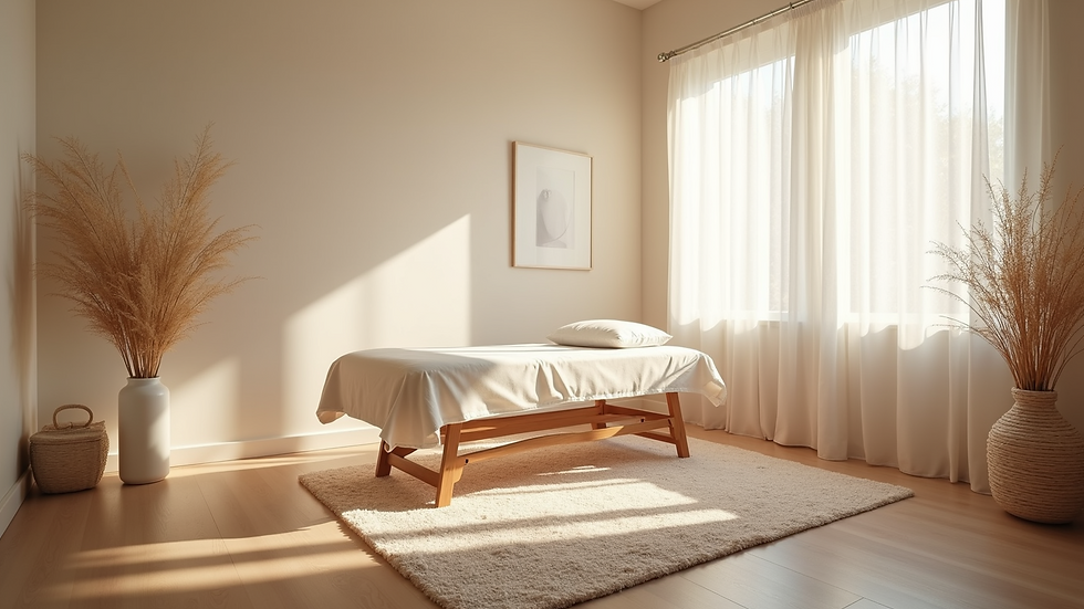 Wide angle view of a serene therapy room with soft lighting and calming decor