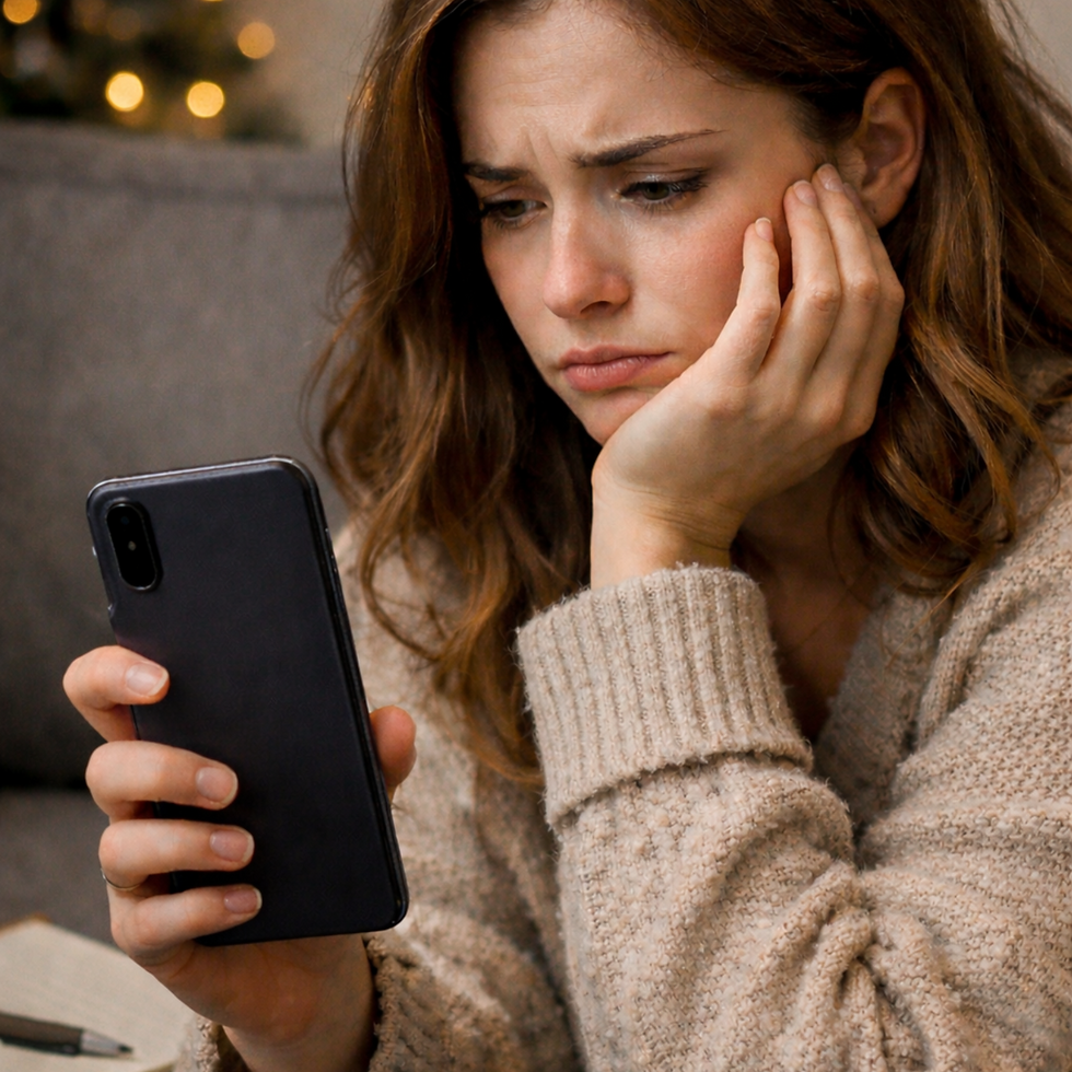 A woman comparing herself to others highlights on social media.
