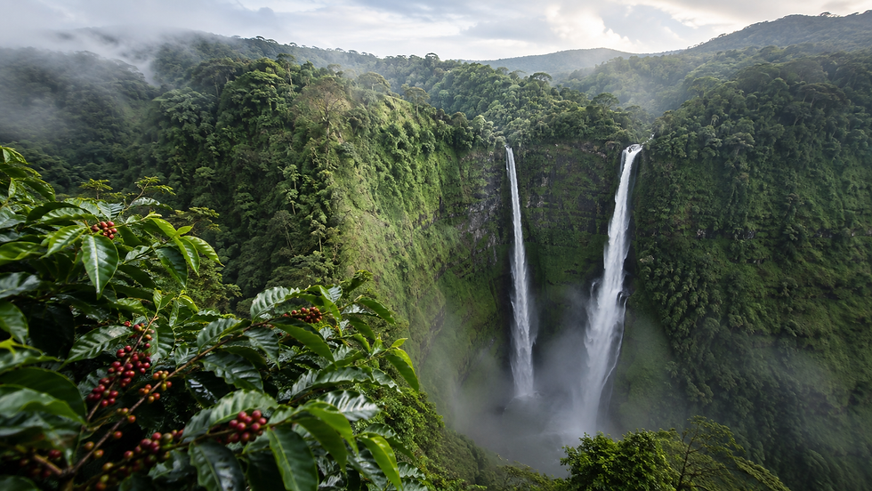 Paysage verdoyant et cascade du plateau des Bolaven dans le sud du Laos.