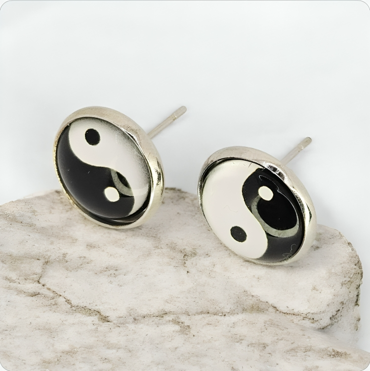 Miniature : Yin & Yang Glass Dome Stainless Steel Stud Earrings