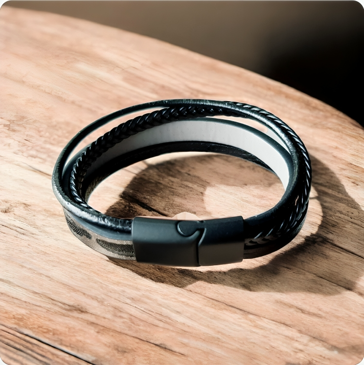 Thumbnail: Layers of Feather Printed Leather Bracelet with Stainless Steel Buckle
