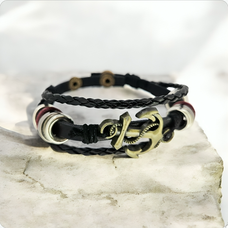 Miniature : Layers of Leather Bracelet with Anchor Charm