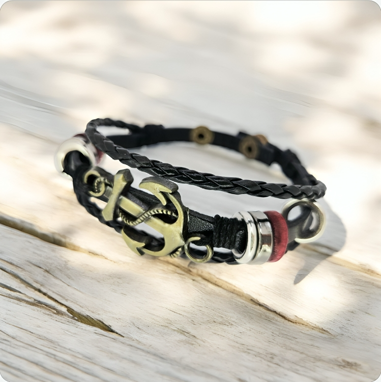 Miniature : Layers of Leather Bracelet with Anchor Charm