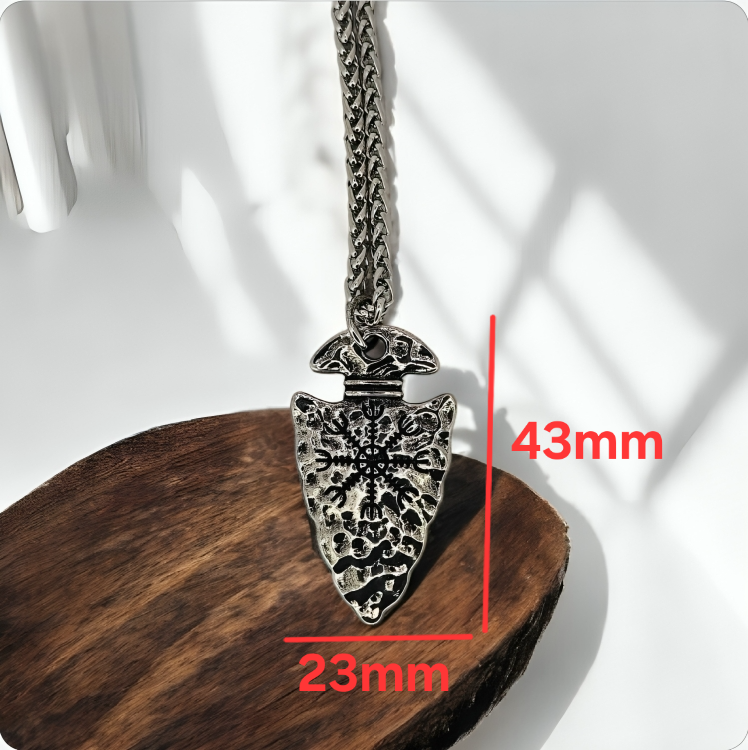 Miniature : Punk Viking Compass Carved on Arrow Head Stainless Steel Necklace