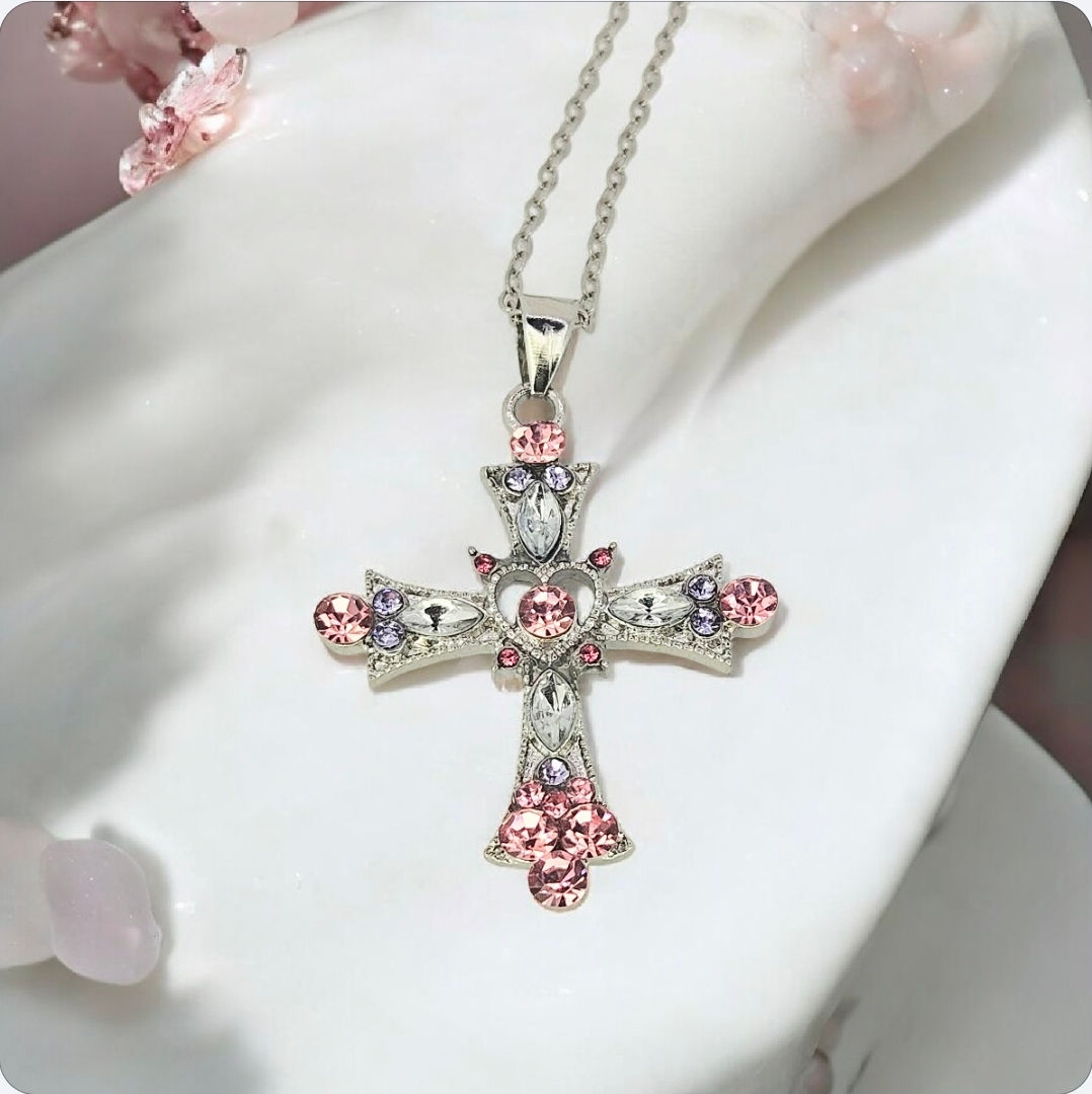 Pretty Pink Zircone Cross Stainless Steel Necklace