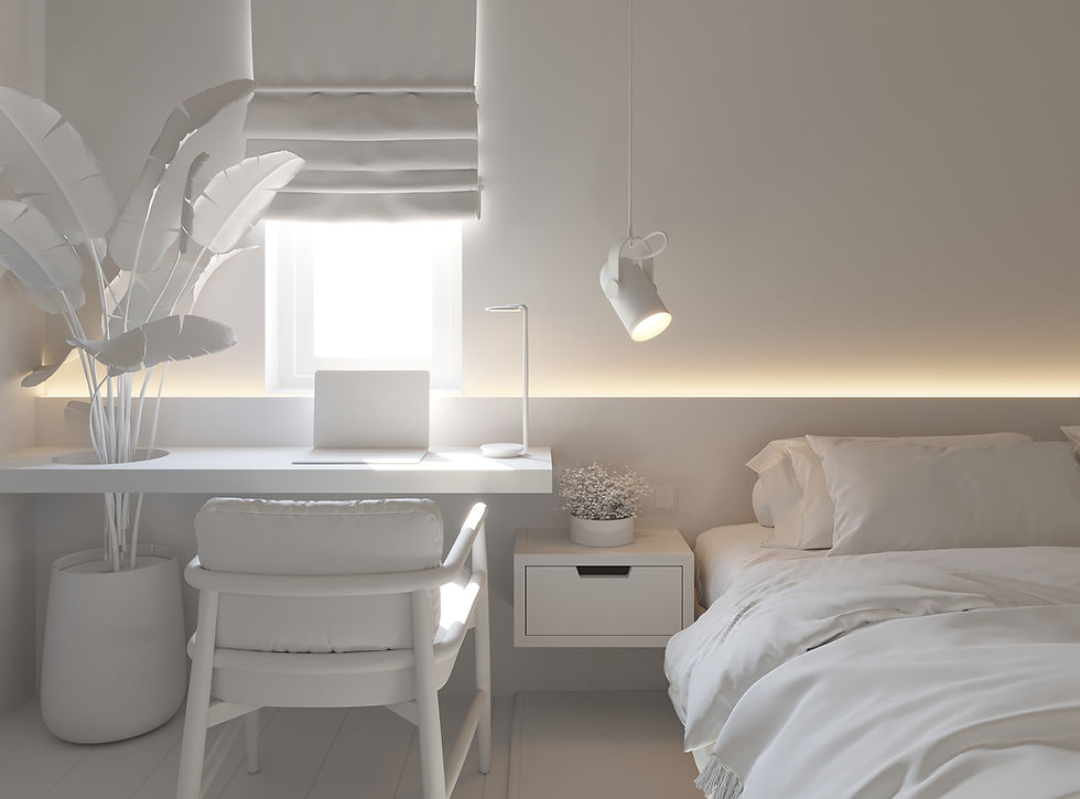 A clay render of a close up of a bed and desk.