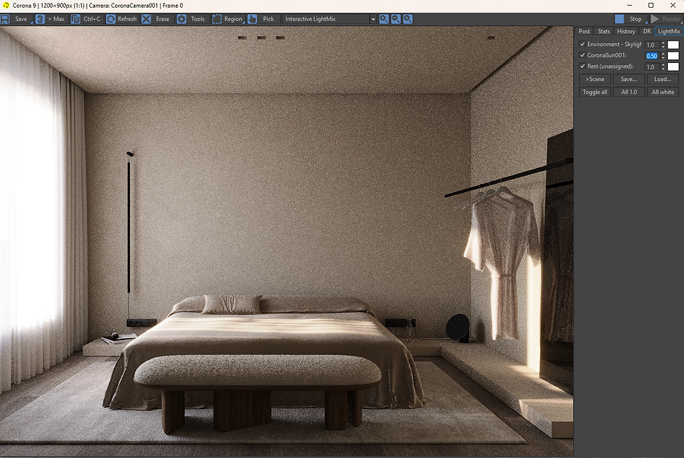 A draft render with the CoronaSun set to 0.5 in the LightMix tab.