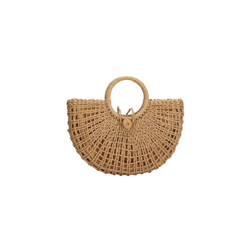 Women's Hand-woven Rattan Straw Tote Beach Bag with Round Ring Top Handle