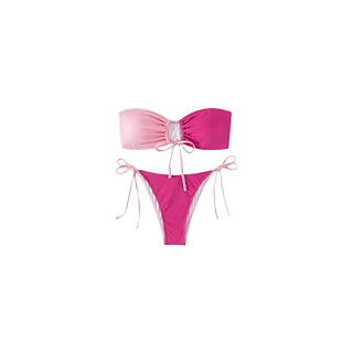 Women's Pink Two Tone Strapless Bandeau Smocked 2 Piece Cheeky Bikini Bottom Swimsuit Set