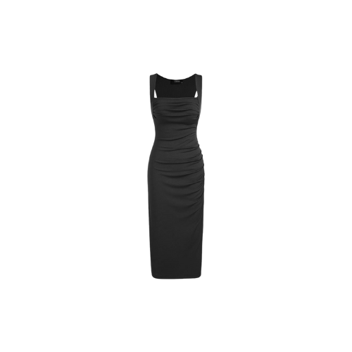 CIDER Black Square Neck Ruched Sleeveless Midi Dress