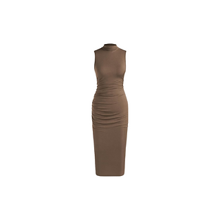 Brown High Neck Ruched Midi Dress