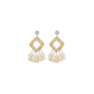 Bohemian Rattan White Tassel Statement Earrings 