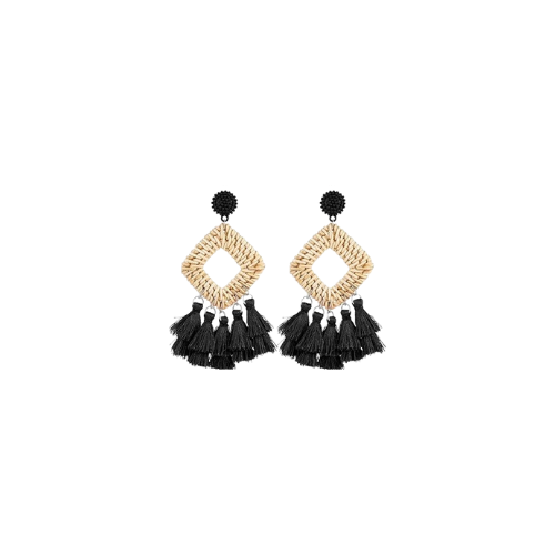 Black Bohemian Rattan Tassel Fringe Statement Earrings