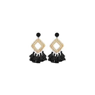 Black Bohemian Rattan Tassel Fringe Statement Earrings