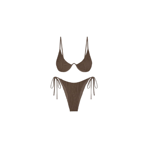Brown Ribbed Two Piece Underwire Adjustable Back Thong Bikini Swimsuit Set
