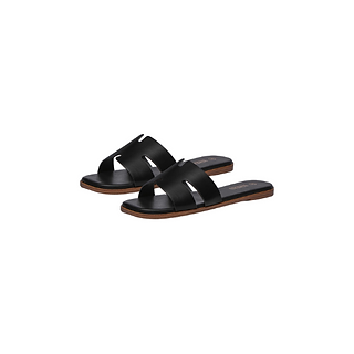 Women's Black Dressy Leather Flat Slip On Slide Sandals