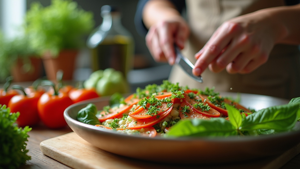 Close-up view of a person preparing a healthy meal with fresh ingredients