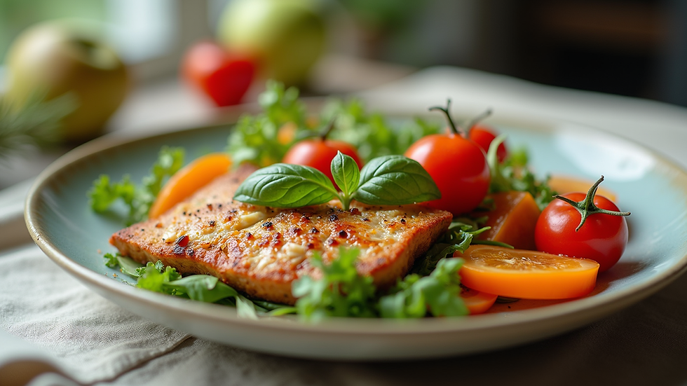 Eye-level view of a colorful plate filled with fresh vegetables and lean protein