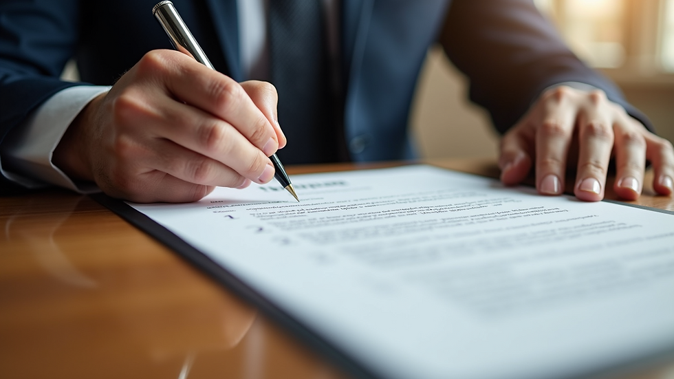 Close-up view of a contract being signed on a wooden table