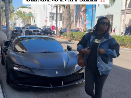 A meme: How I feel when my dentist says I've been grinding in my sleep! Individual posing in front of their matte black sports car..