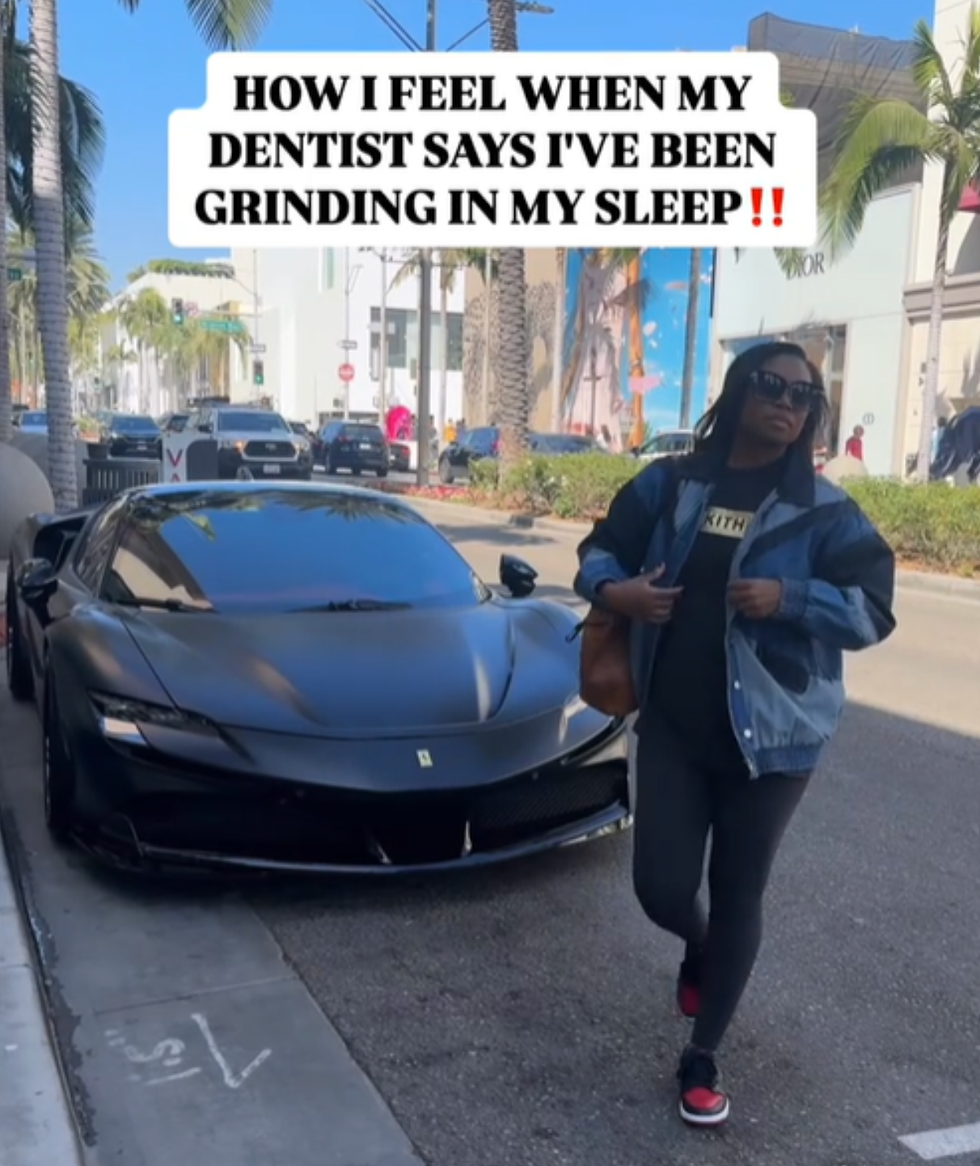 A meme: "How I feel when my dentist says I've been grinding in my sleep!" caption on top of a photo of an individual posing in front of their black matte sports car.