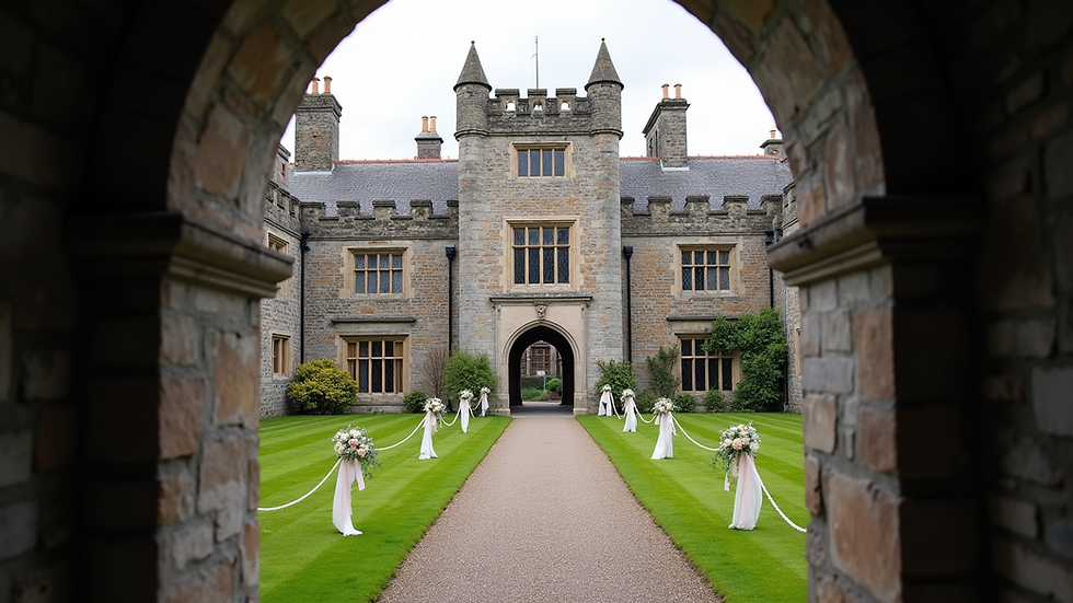 Eye-level view of a historic Dublin castle courtyard with wedding decorations